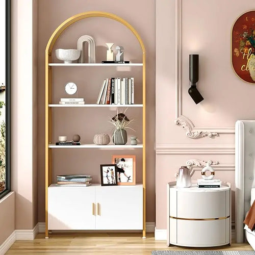 Arched Gold Frame Bookshelf with White Cabinet