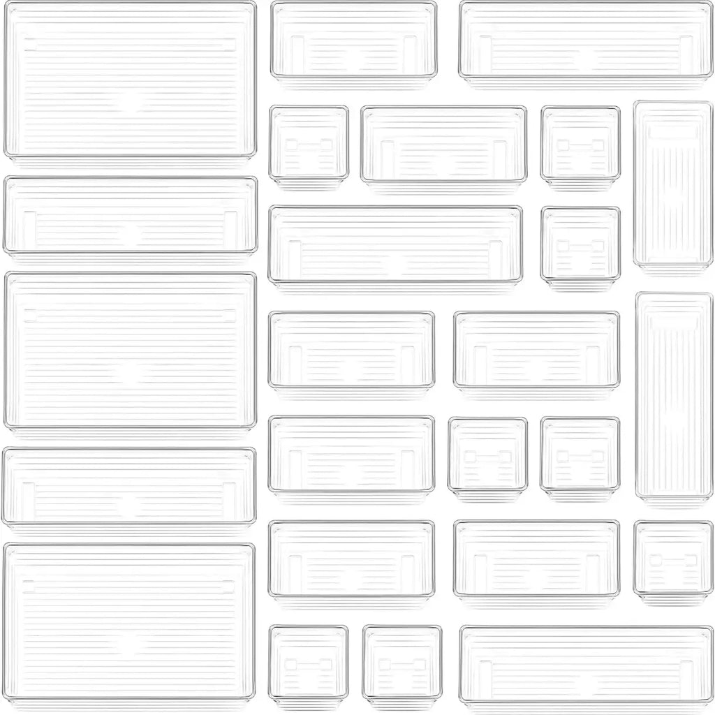 25-Piece Clear Plastic Drawer Organizer Tray Set