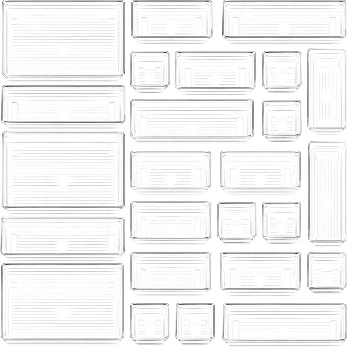 25-Piece Clear Plastic Drawer Organizer Tray Set