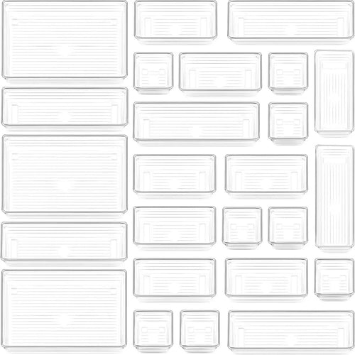 25-Piece Clear Plastic Drawer Organizer Tray Set