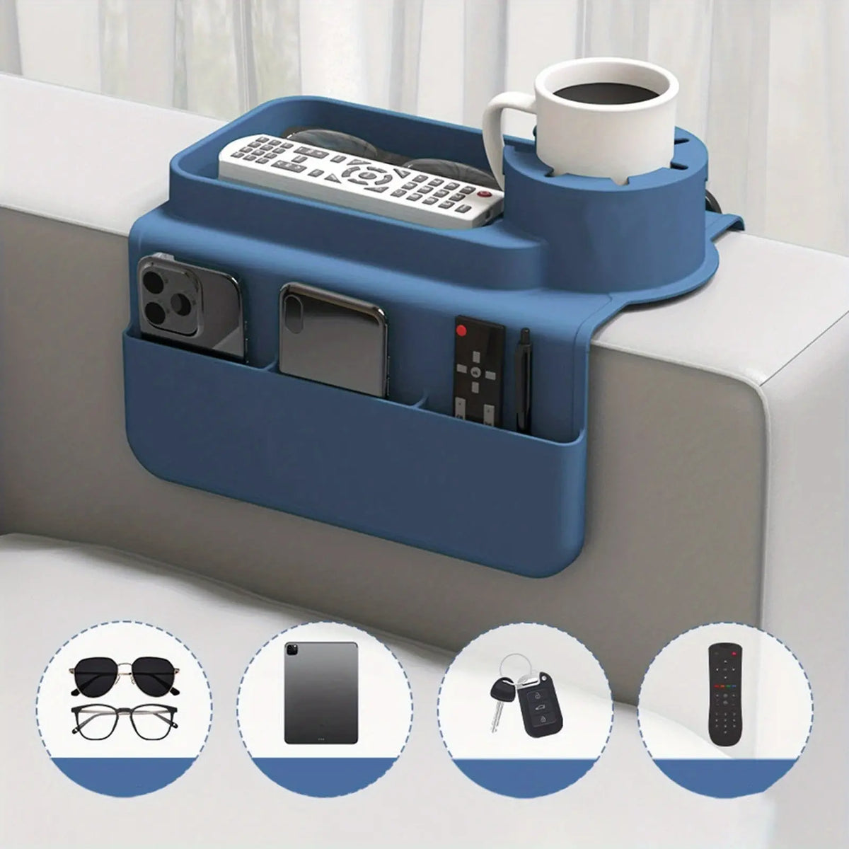 Blue Silicone Sofa Armrest Tray with Pockets