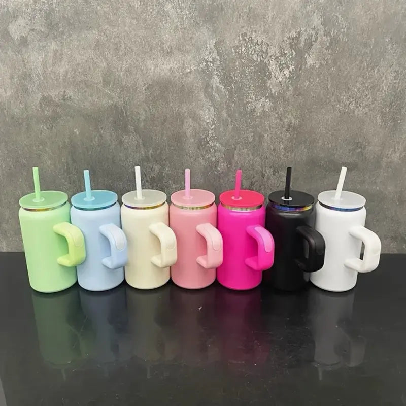 Colourful Can-Shaped Tumblers with Handles and Straws