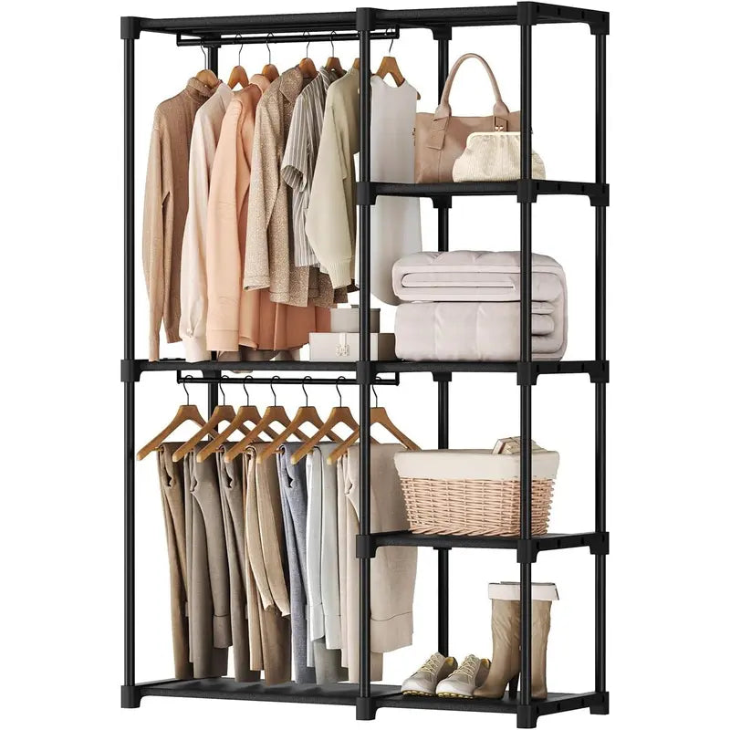 Freestanding Black Metal Garment Rack with Shelves