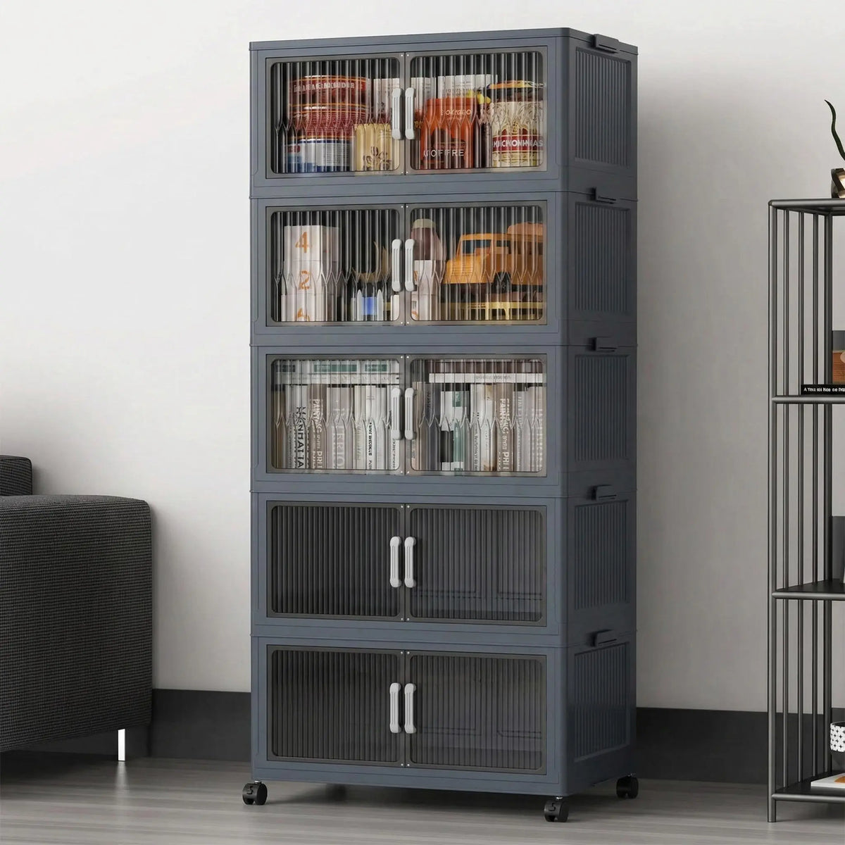 Five-Tier Grey Rolling Cabinet with Clear Doors