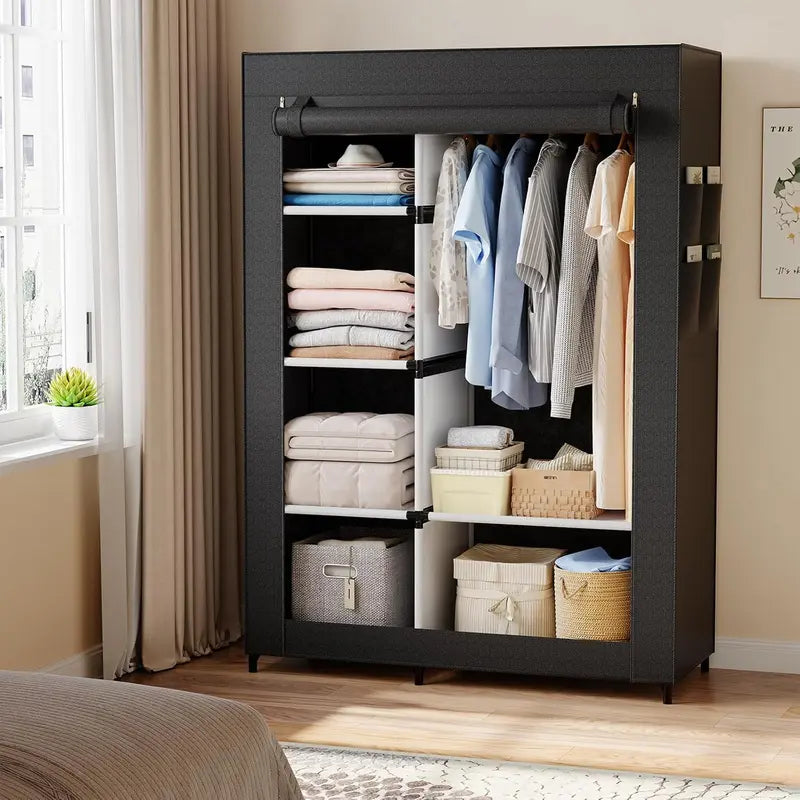Grey Fabric Wardrobe with Shelves and Hanging Rail