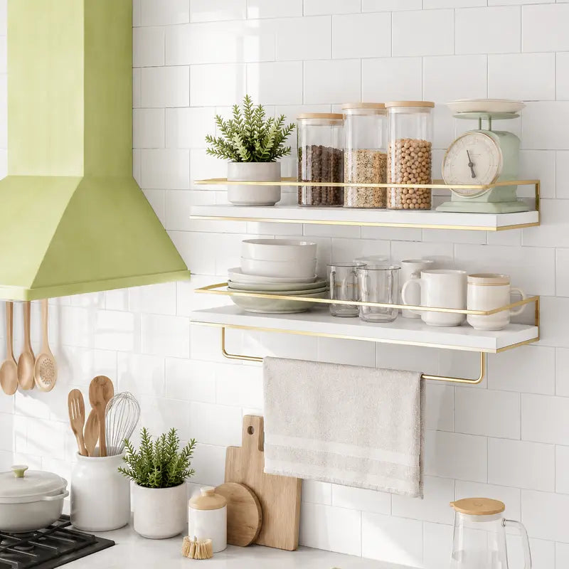 White Floating Shelves Set with Gold Rail and Towel Bar