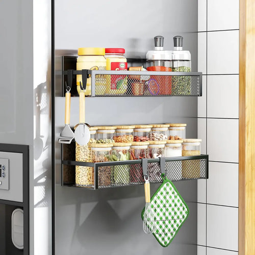 Black Mesh Magnetic Fridge Shelf With Hooks
