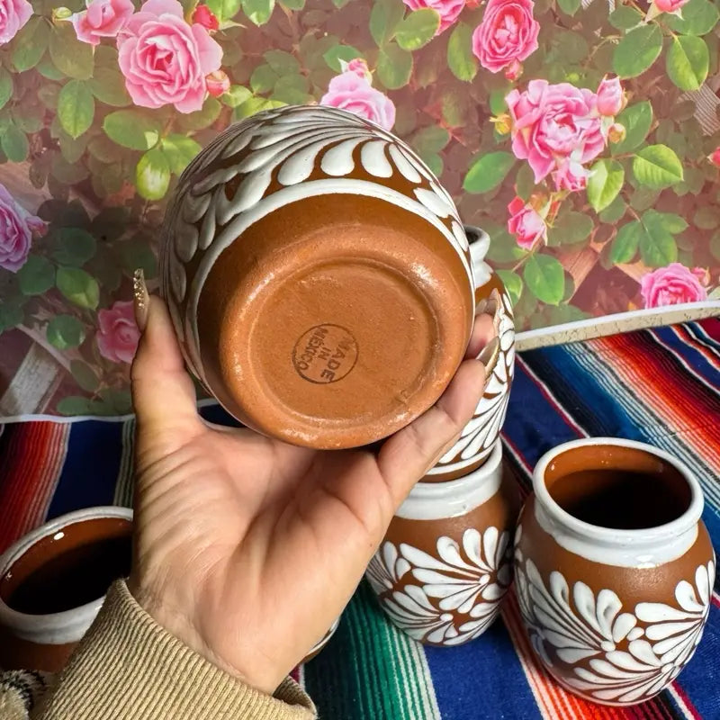 Terracotta Clay Cups with White Painted Floral Pattern