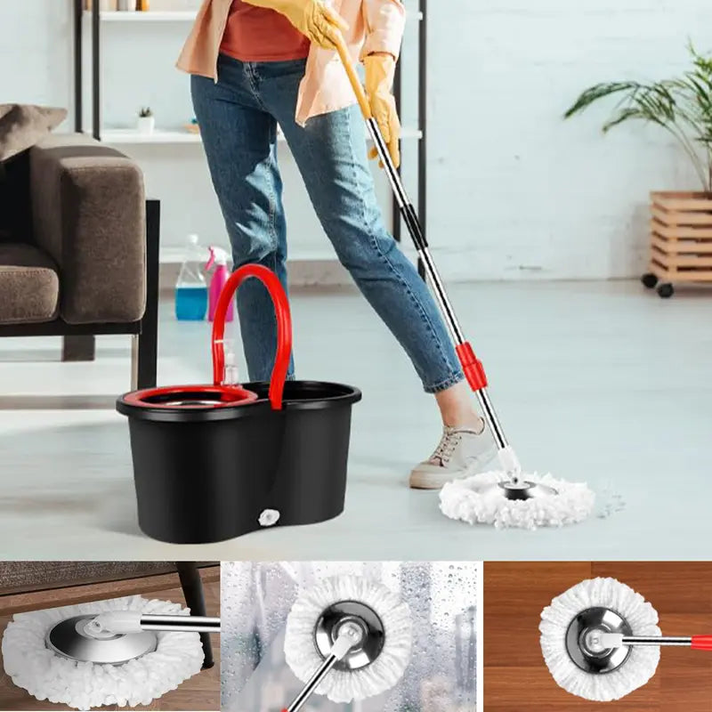 Black Spin Mop Bucket with Red Handle and Heads