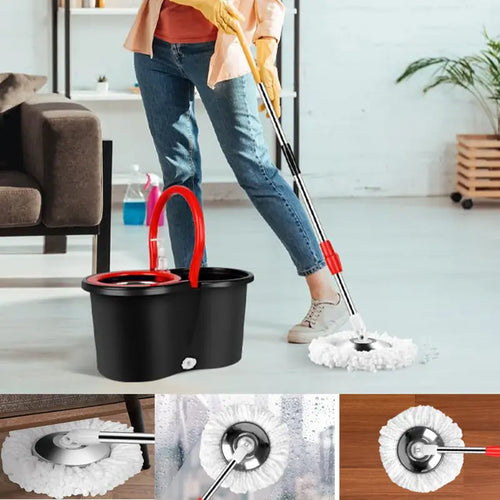 Black Spin Mop Bucket with Red Handle and Heads