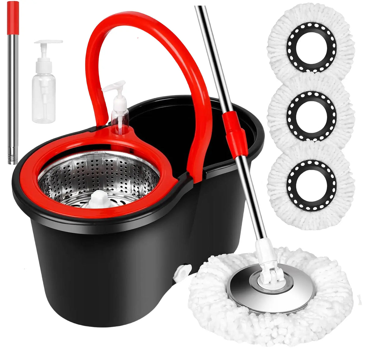 Black Spin Mop Bucket with Red Handle and Heads
