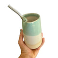 Handmade Ceramic Cup with Glass Straw in Sea Green