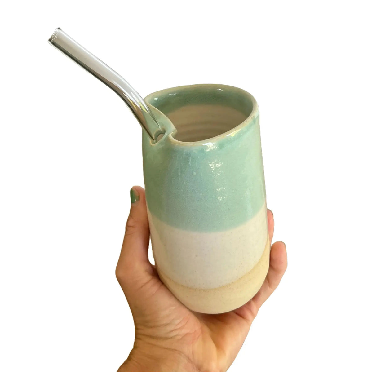 Handmade Ceramic Cup with Glass Straw in Sea Green