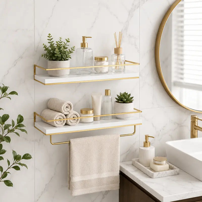 White Floating Shelves Set with Gold Rail and Towel Bar