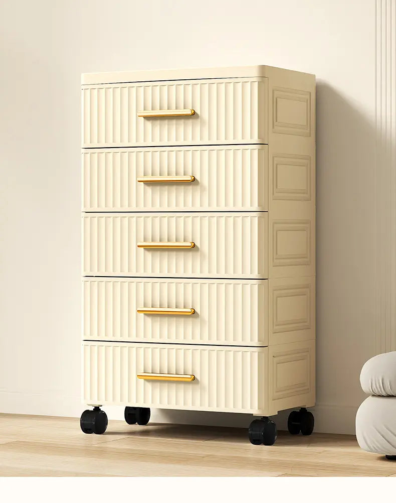 Cream Five-Drawer Rolling Cabinet with Gold-Tone Handles
