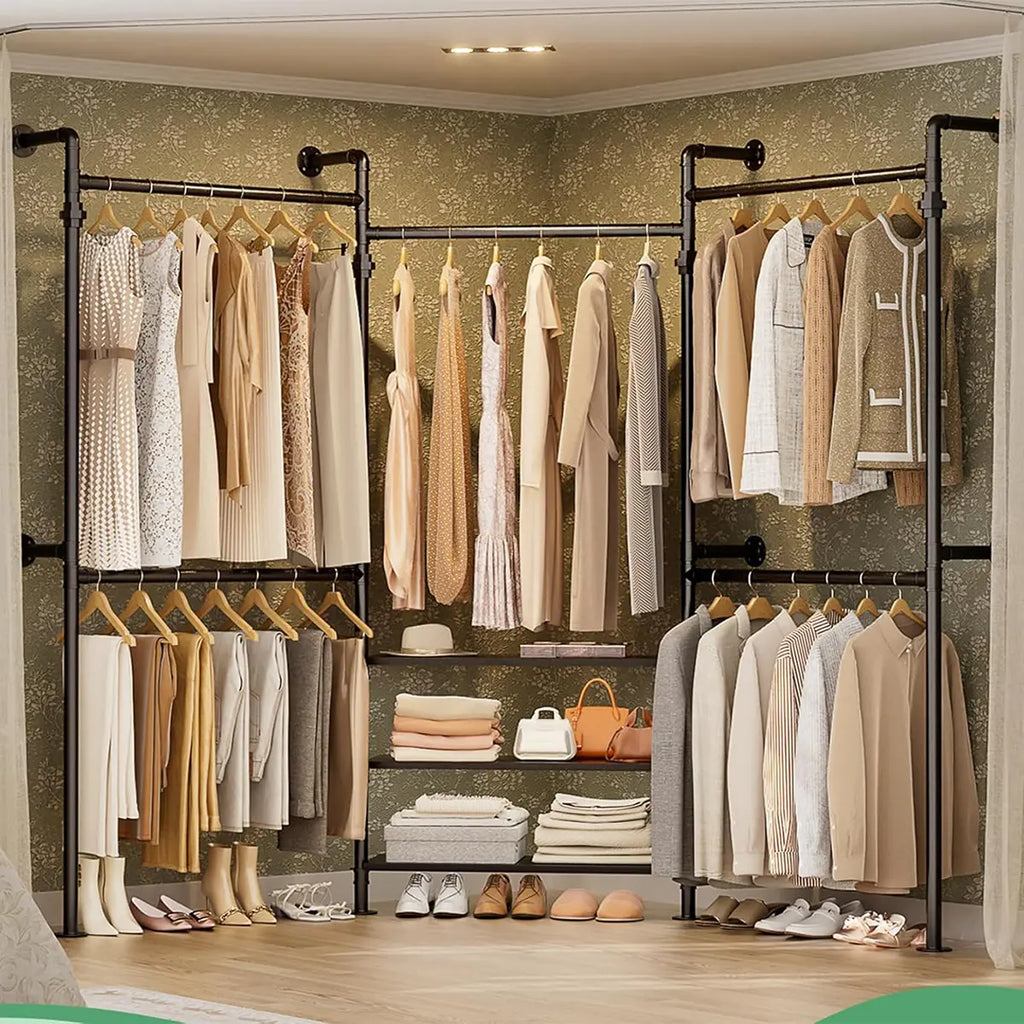 Black Pipe-Style Corner Clothing Rack With Open Shelves