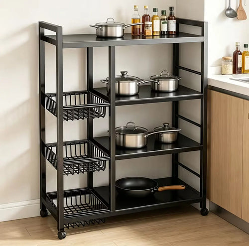 Black Metal Kitchen Cart with Wire Baskets